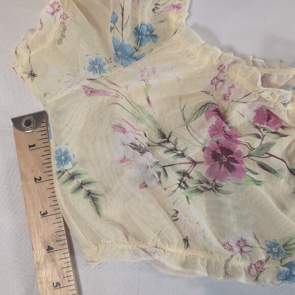 La Vie En Rose Sheer Yellow Floral Short Sleeve Poof Shirt Top M Medium Mesh - Picture 8 of 10
